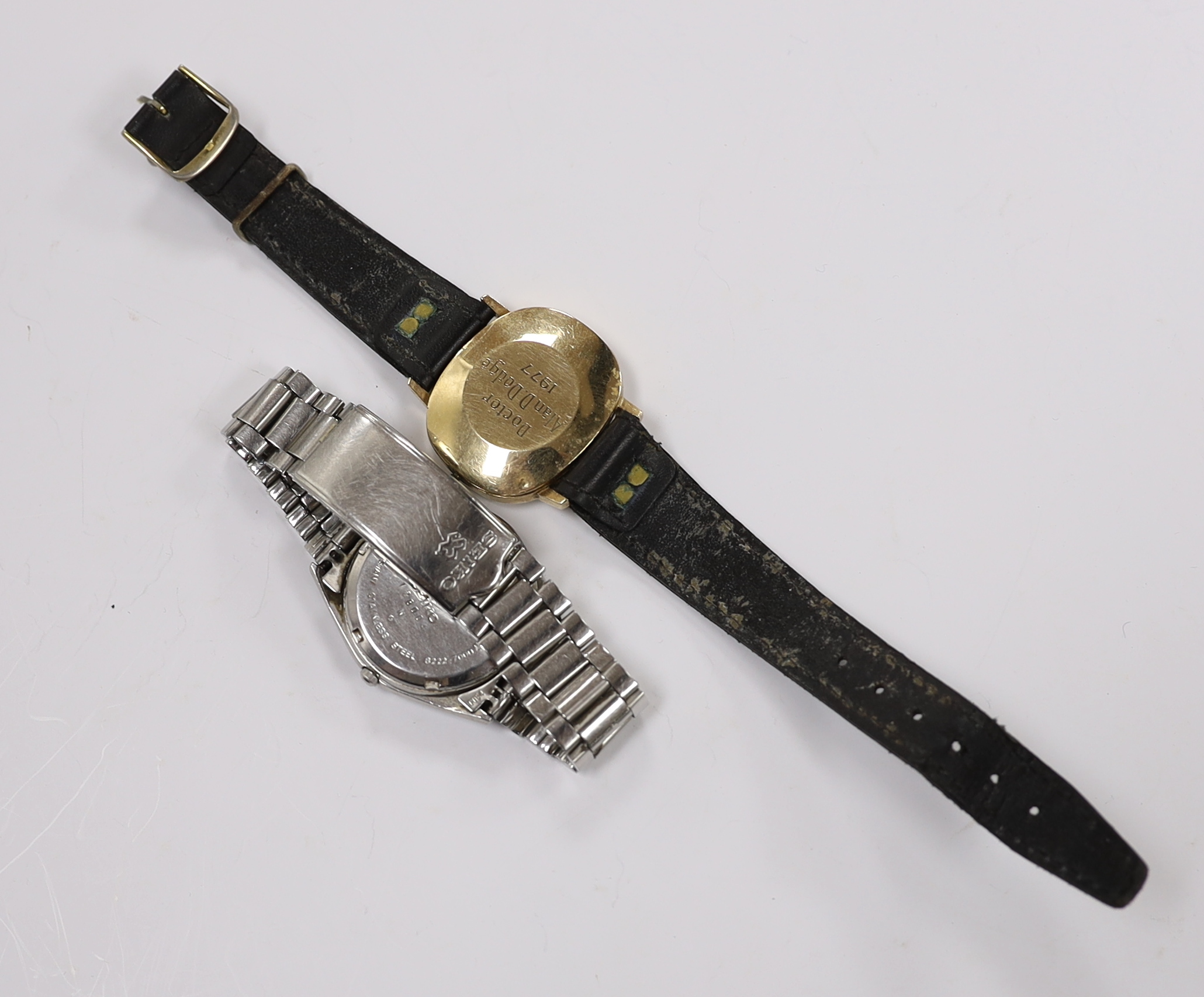 A gentleman's 1970's 9ct gold Rotary automatic wrist watch, with case back inscription, together with a gentleman's stainless steel Seiko quartz wrist watch.